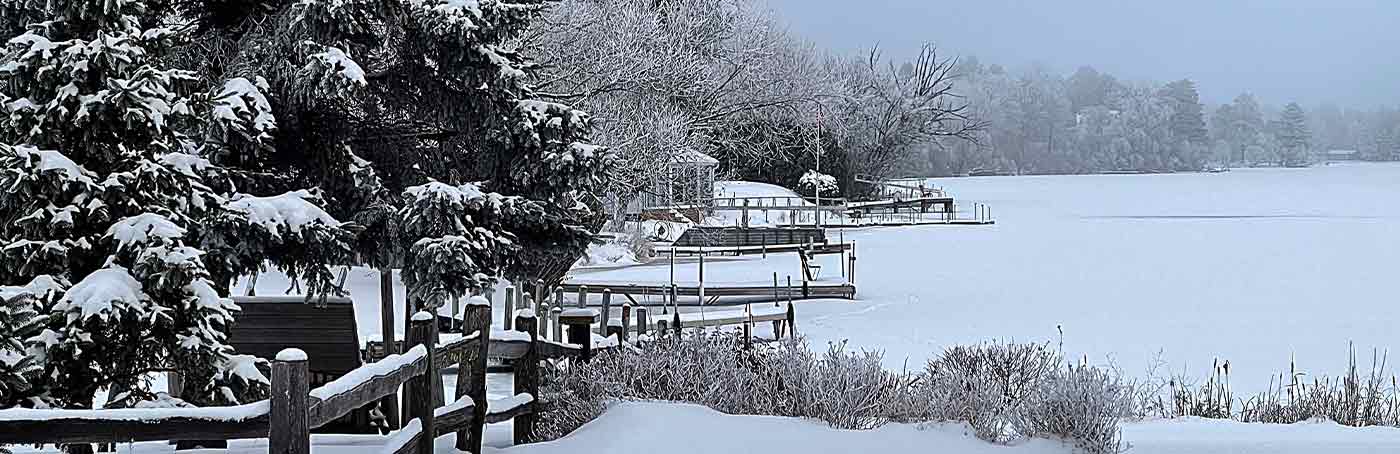 a frozen lake with snowfall